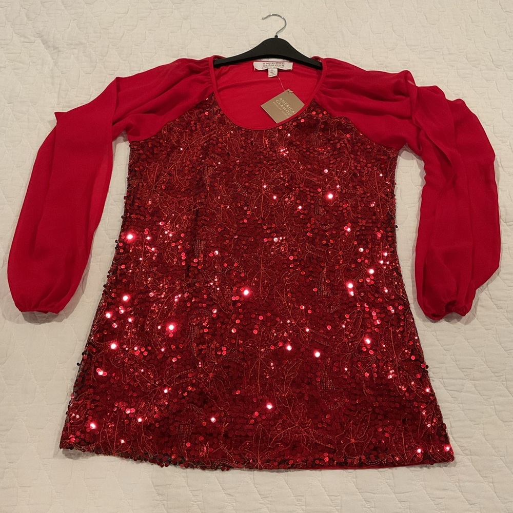 NWT American Glamour Red Sequin Blouse Size L Large